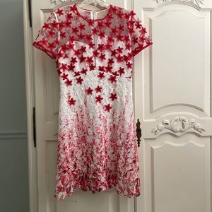 Elie Tahari white lace red floral sewn flowers. Sheer top. Brand New